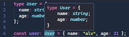 Hover em type mostra seu nome e também o tipo definido